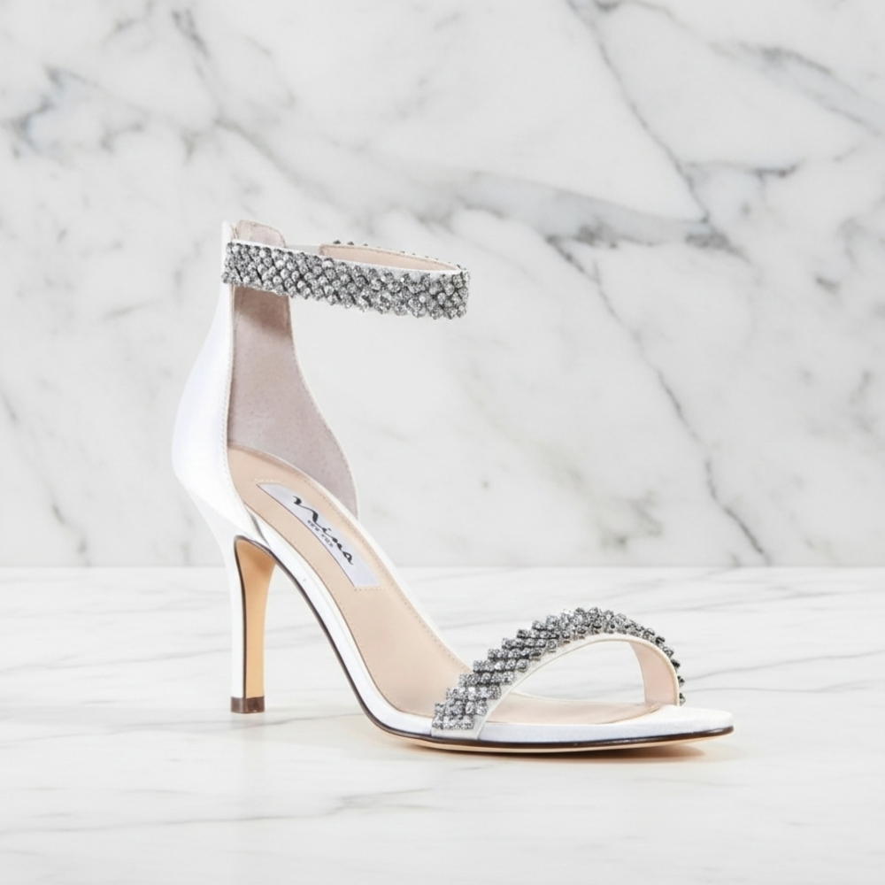 Elegant White and Silver Embellished Heels